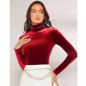 Red Velvet Long Sleeve High Neck Slim Fit Top